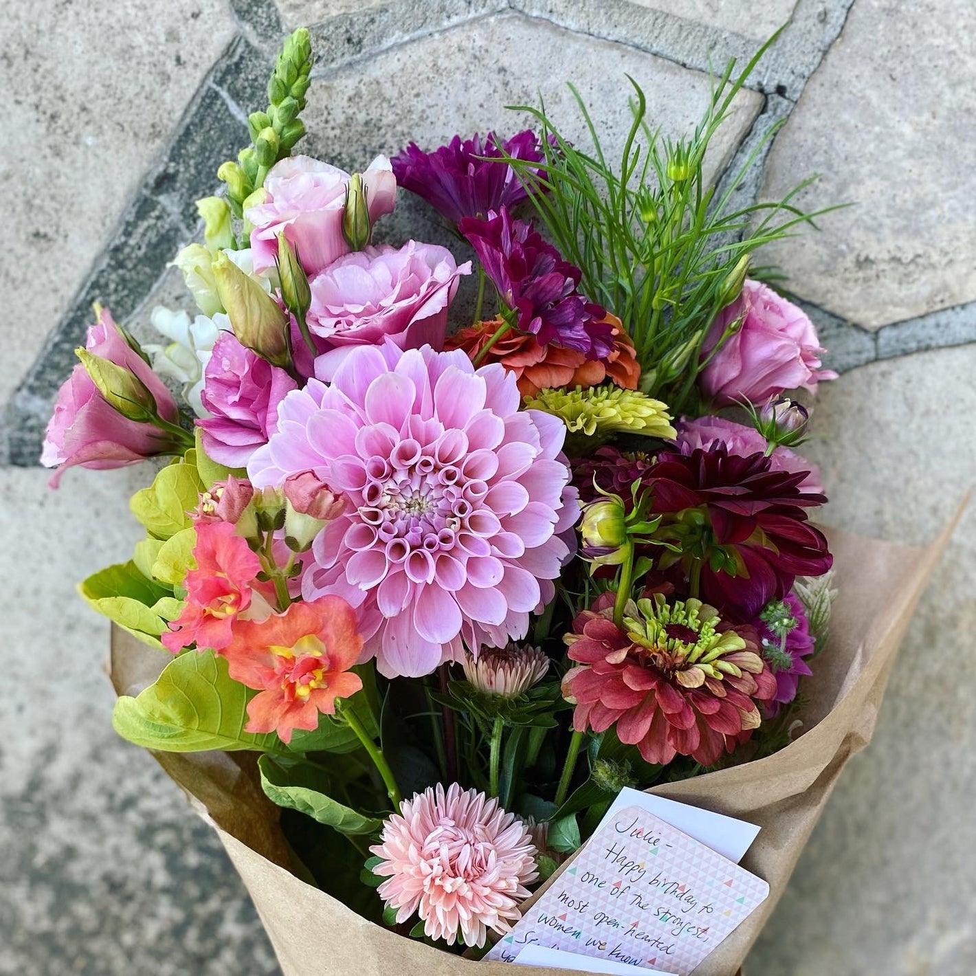 A hand tied bouquet of specialty cut flowers grown in Lindsay, Ontario