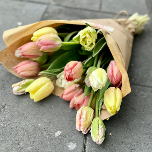 18 stems of specialty cut tulips wrapped in kraft paper